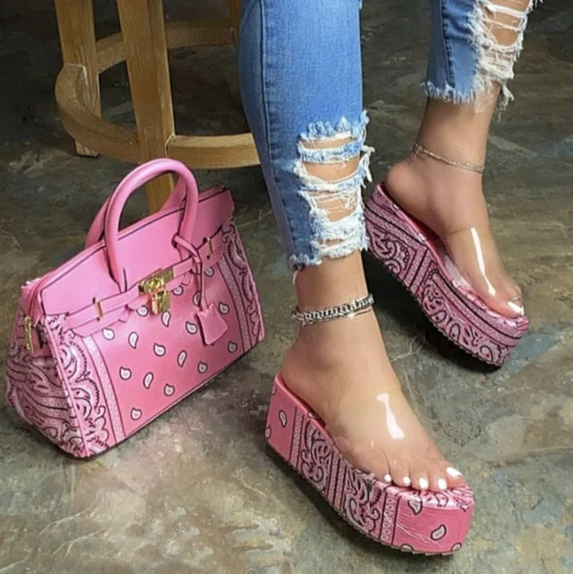 Bandana Print Lock Handbag/Thick Bottom Slides Set F2118