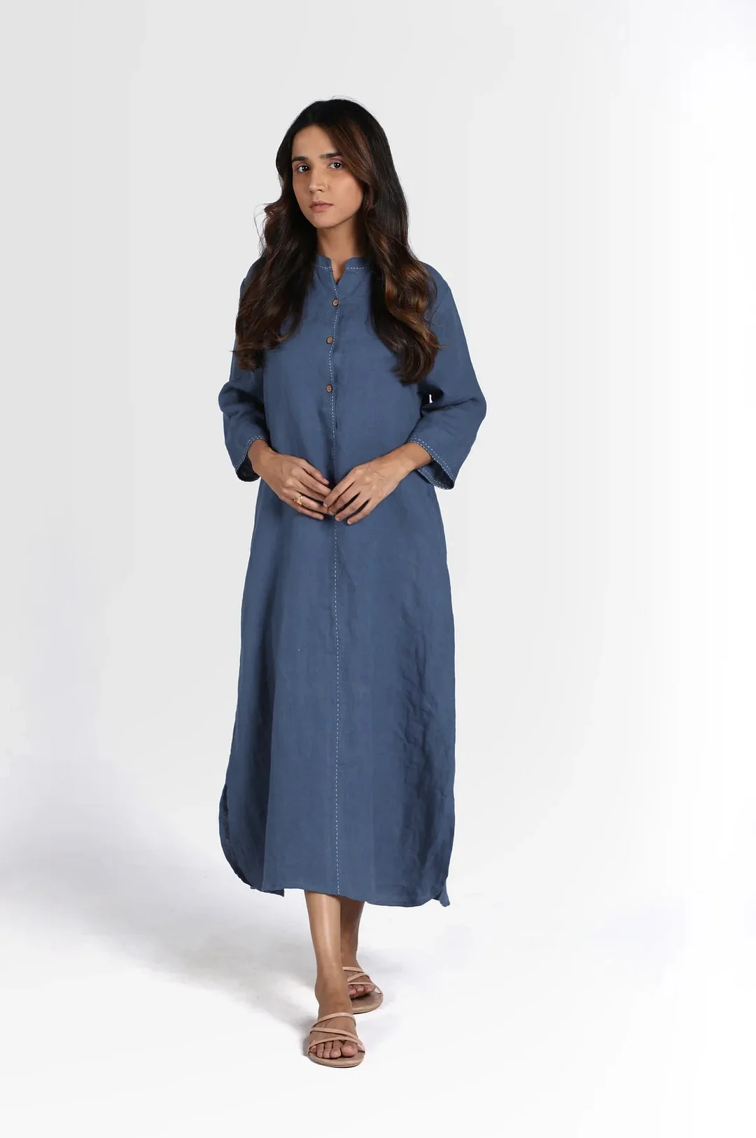 Linen Drizzle Shirt Dress (Indigo Blue)