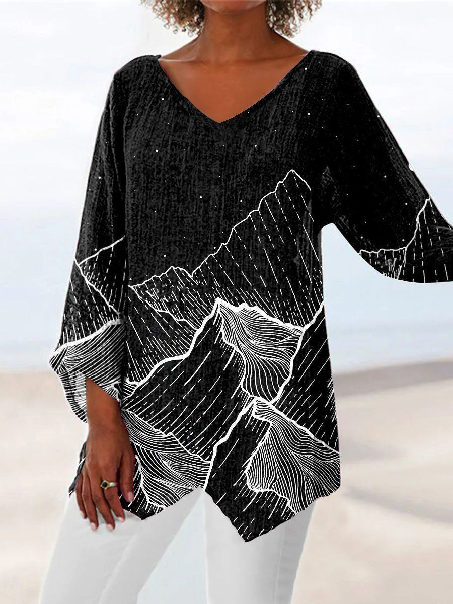 Women Long Sleeve V-neck Graphic Floral Printed Top
