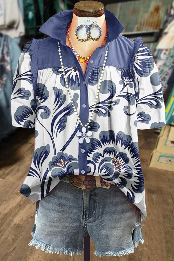 Classic Floral Print Ruffle Short Sleeve Top