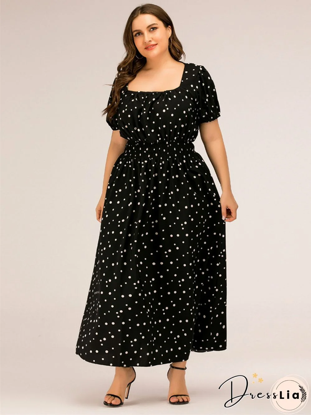 Square-necked Bubble Sleeves Long Polka-dot Dress