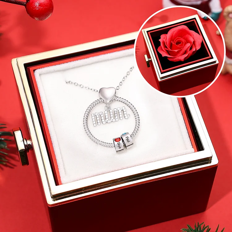 2 Names-Personalized Mum Circle Necklace Gift Set With Premium Rotating Rose Flower Gift Box-Custom 2 Birthstones Pendant Necklace Engraved Names Gift For Mum