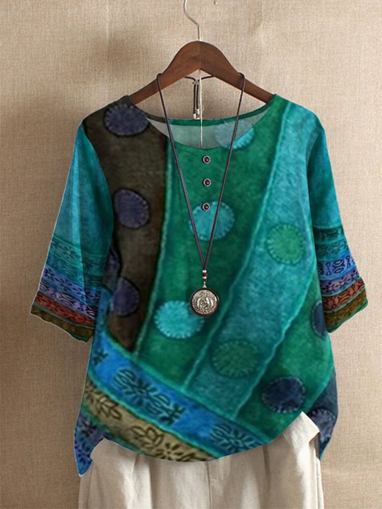 Tribal Pattern O neck Half Sleeve Loose Women T shirt P1856181