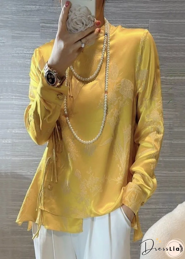 New Yellow Chinese Button Print Silk Blouses Spring