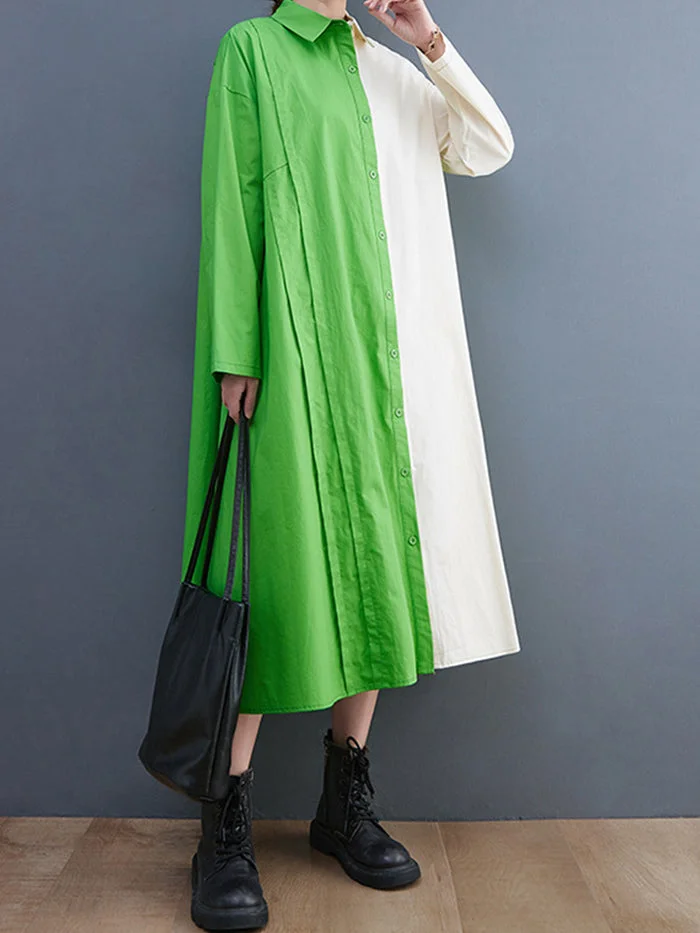 Fashion Two Tone Patchwork Shirt Cotton Linen Dress