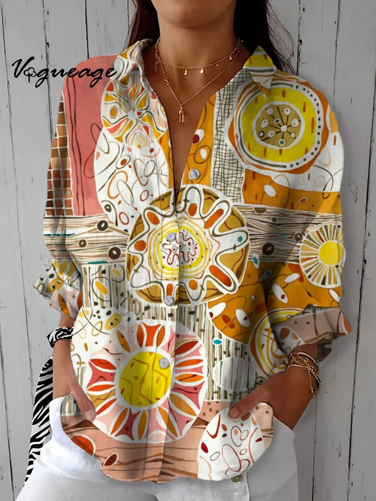Casual Hand-Painted Line Color Block Lantern Sleeves Printed Cotton And Linen Shirt