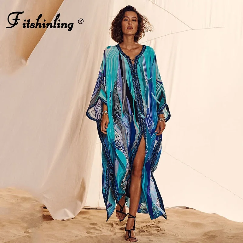 Fitshinling Print Split Straight Kaftan Beach Long Dress Women Bohemian Lace Up Overized Robe Blue Loose Pareos Maxi Dresses New