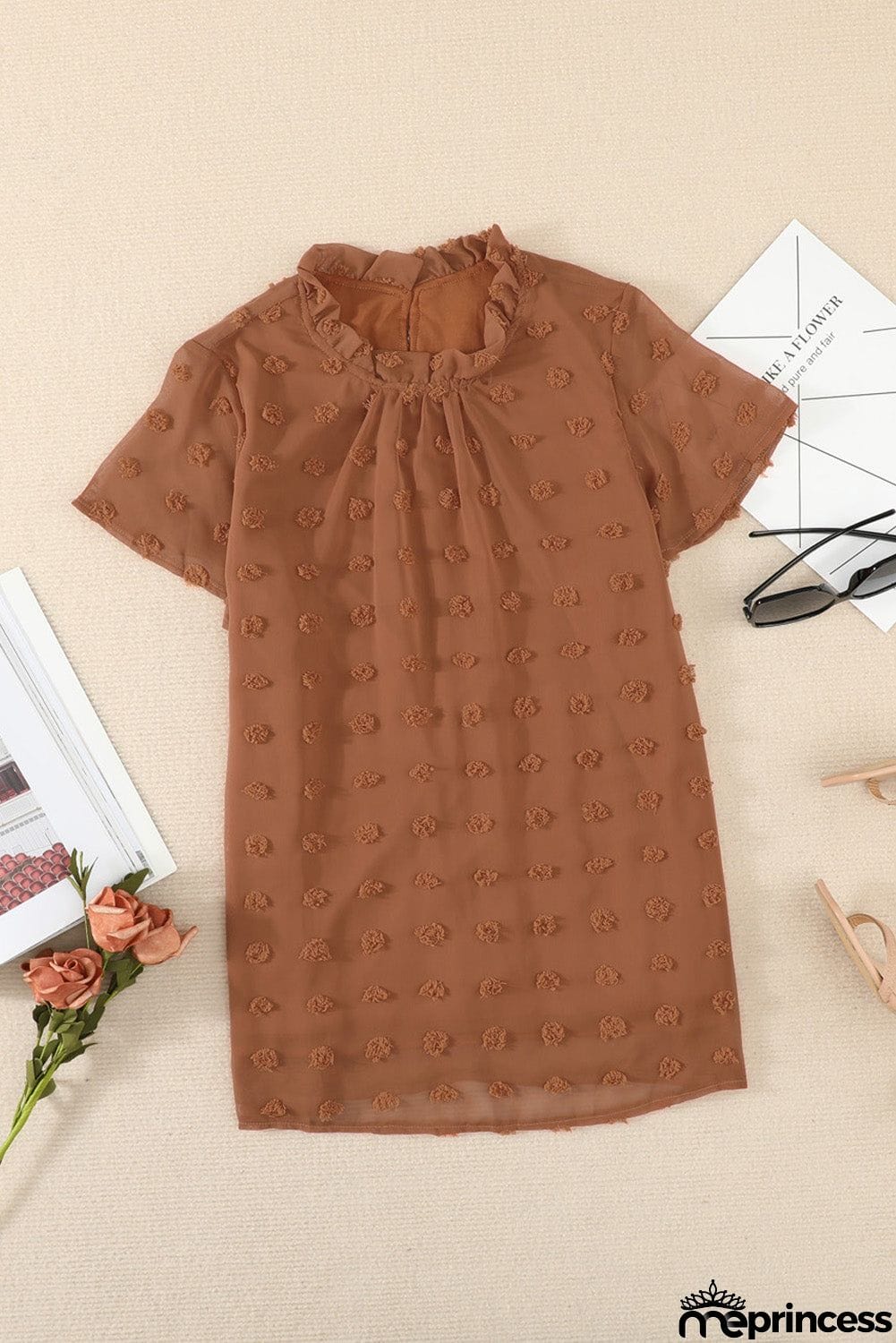 Brown Short Ruffled Sleeve Swiss Dot Blouse