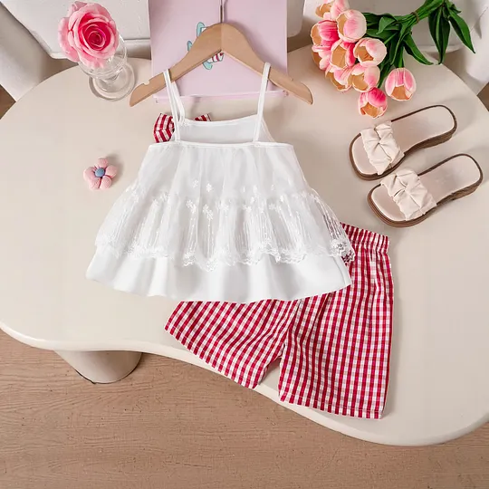 【3Y-10Y】Girls' Tulle Camisole Top + Plaid Shorts Set