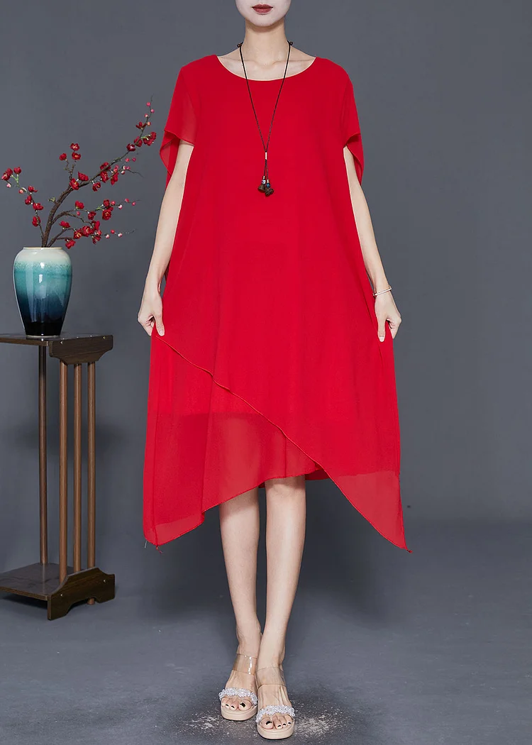 Red Chiffon Long Dress Asymmetrical Draping Cloak Sleeves