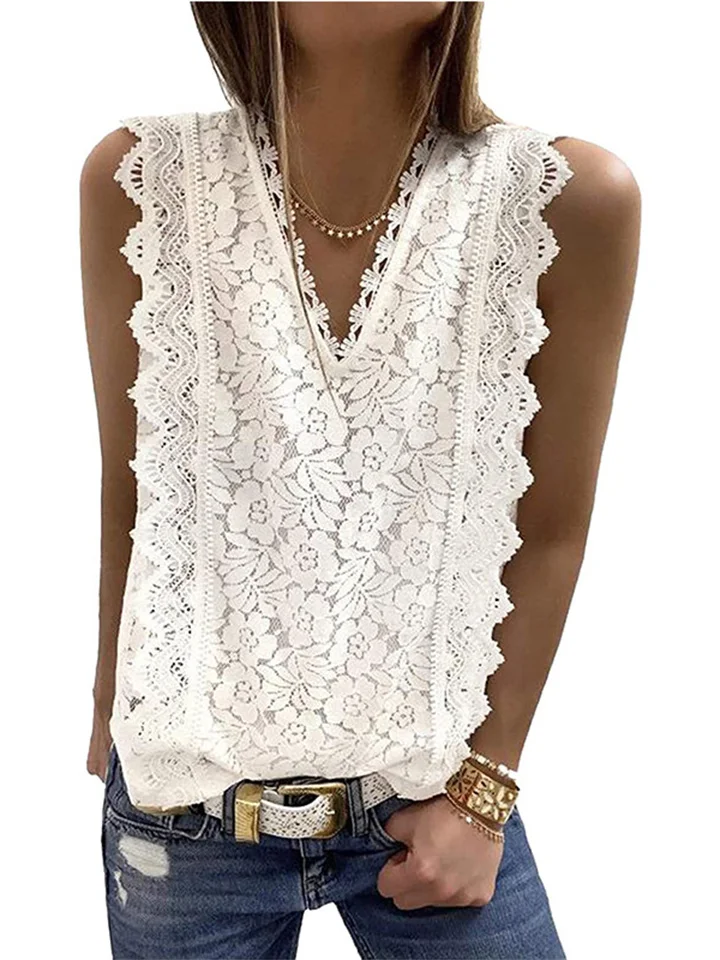 Women's Summer Lace Lace Solid Color Undershirt V-neck Sleeveless Tops-Mixcun