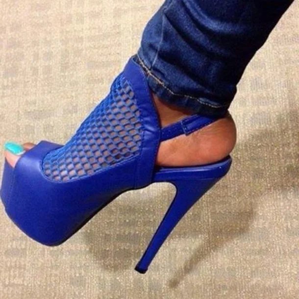 Blue Mesh Slingback Heels Peep Toe Stiletto Platform Shoes for Women |FSJ Shoes