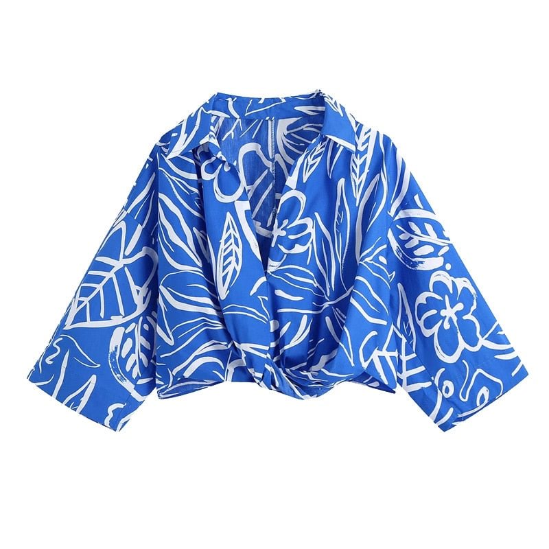 KPYTOMOA Women 2021 Fashion With Knot Printed Cropped Blouses Vintage V Neck Wide Sleeve Female Shirts Blusas Chic Tops