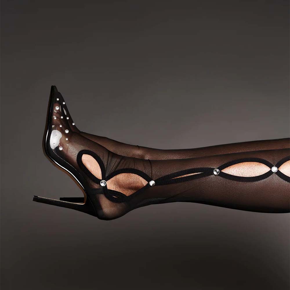 Black PVC Sandals Stiletto Heel Pointed Sexy Socks Boots