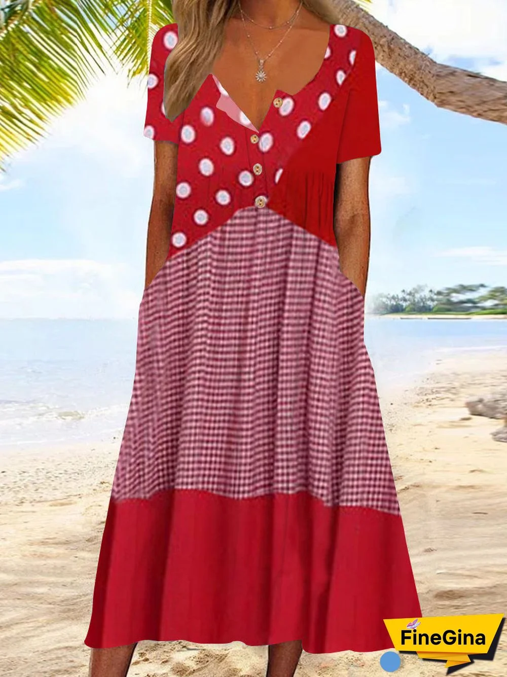Women's Short Sleeve V-neck Striped Polka Dot Button Midi Dress