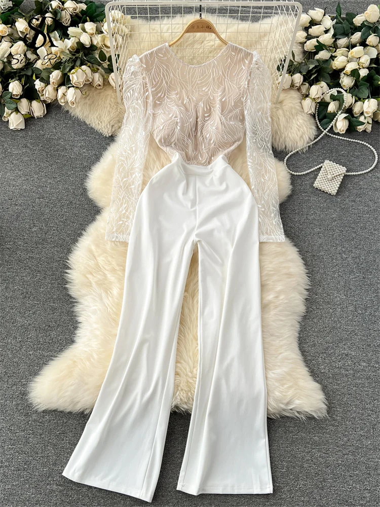 Huibahe Autumn Sexy Jumpsuits Women Fashion Office Temperament O Neck Long Sleeves Lace Embroidered Backless Long Rompers