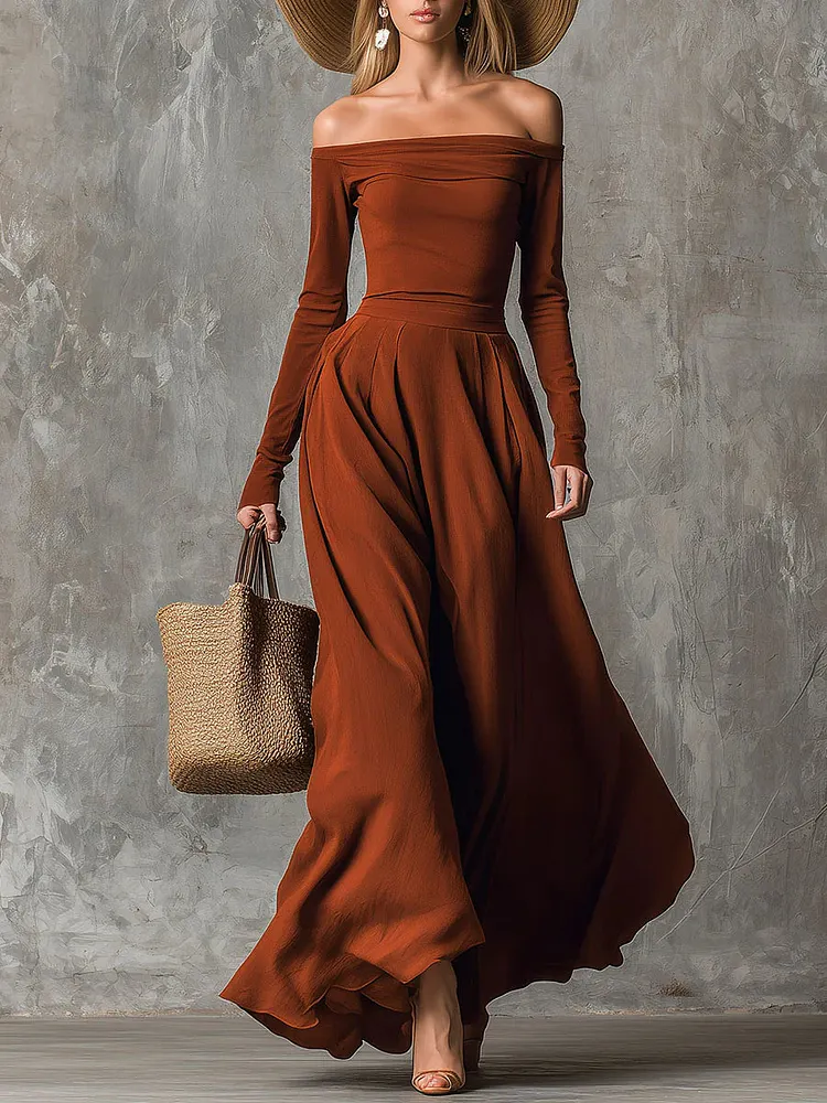 Retro Orange Off-The-Shoulder Maxi Dress