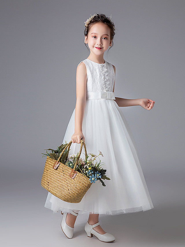 Oknass Sleeveless Jewel Neck Flower Girl Dresses  Polyester  With Lace Sash  Ribbon  Solid
