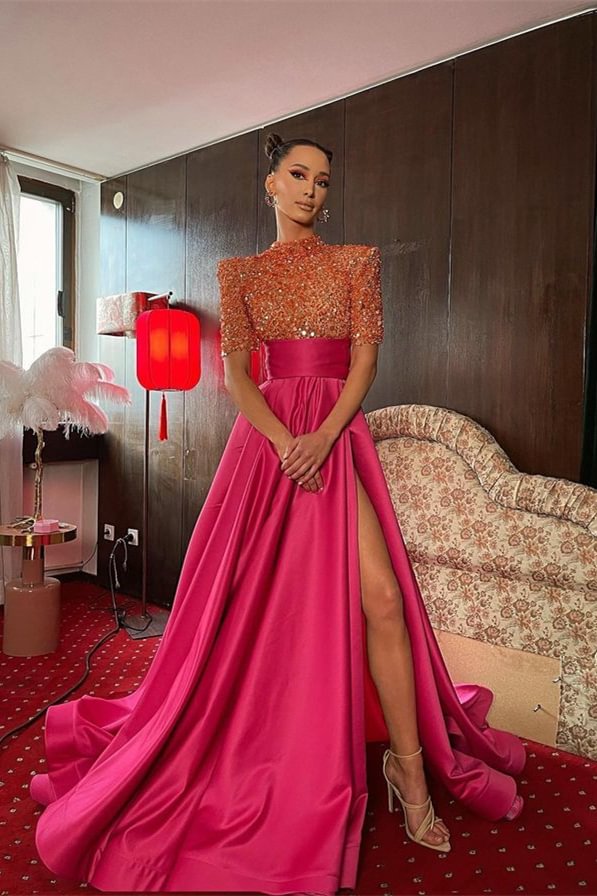 Budget High Neck Half Sleeves Evening Gowns Fuchsia Long Split With Sequins - lulusllly