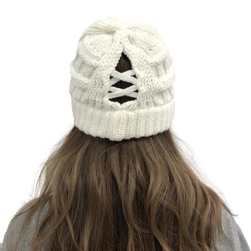 Wish New Bamboo Cross Ponytail Knitted Hat Back Opening Women’s Wool Warm Hat