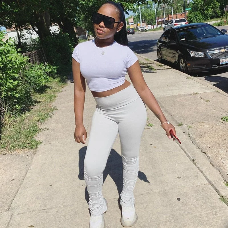 Solid Color Leggings Women Ruched Stacked Pants Casual Slim Fit High Wasit Pencil Trousers Street Style Female Joggers Pants