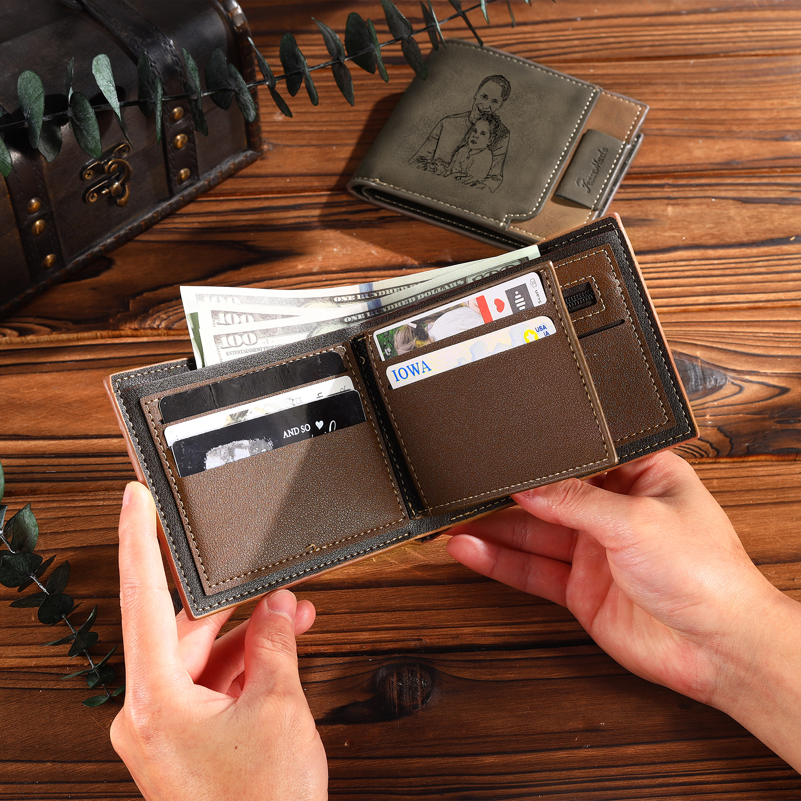 6 Names - Personalised Photo Custom Leather Men's Wallet as a Father's Day Gift for Dad
