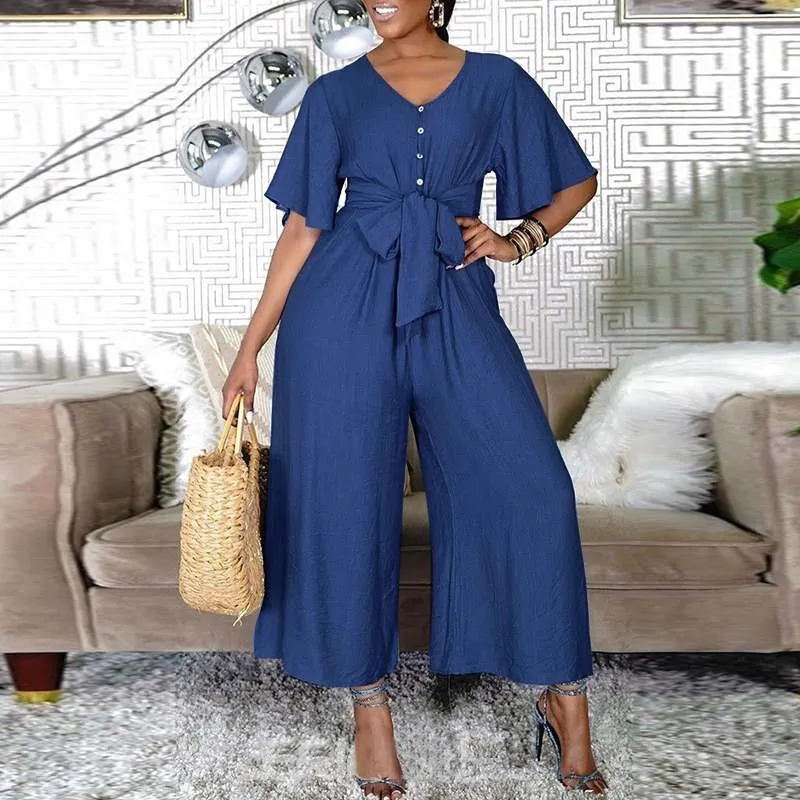 VONDA 2022 Women Denim Jumpsuits Casual Button Up Playsuits Wide Leg Long Overalls Femme Short Sleeve V Neck Pantalon
