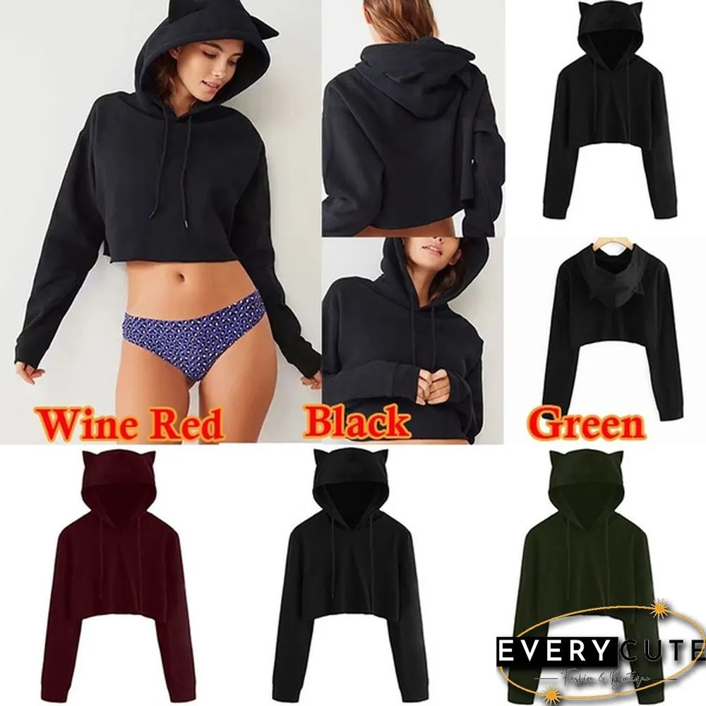 Cute Womens Sweatshirts Hoodie Crop Tops Solid Cat Ear Cropped Sweatshirt Hooded Pullover