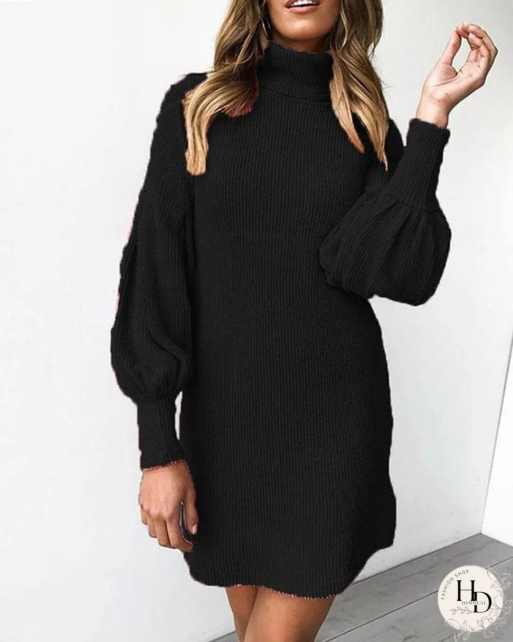Pure Color Lantern Sleeve High Neck Rib Mini Dress