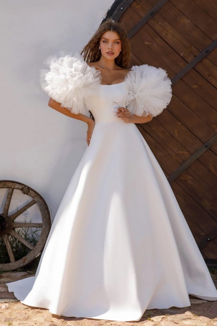 Beautiful Long Floor Length A-line Wedding Dress With Off The Shoulder | Ballbellas Ballbellas