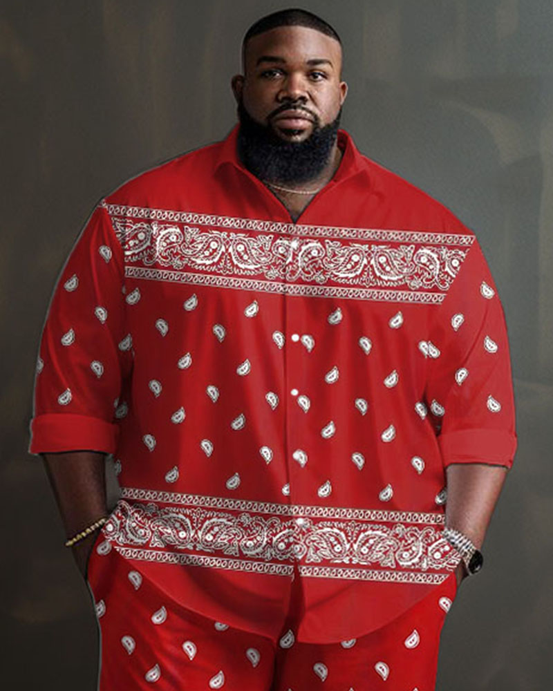 Men's Plus Size Street Fashion Paisley Pattern Long Sleeve Shirt Trousers Suit