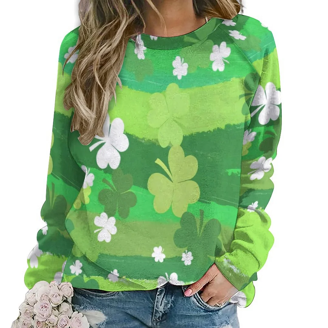 Printed Long Sleeve Casual Sweatshirt for  Women and Men Unisex Pattern St. Patrick's Day, Green, Clover, Lucky