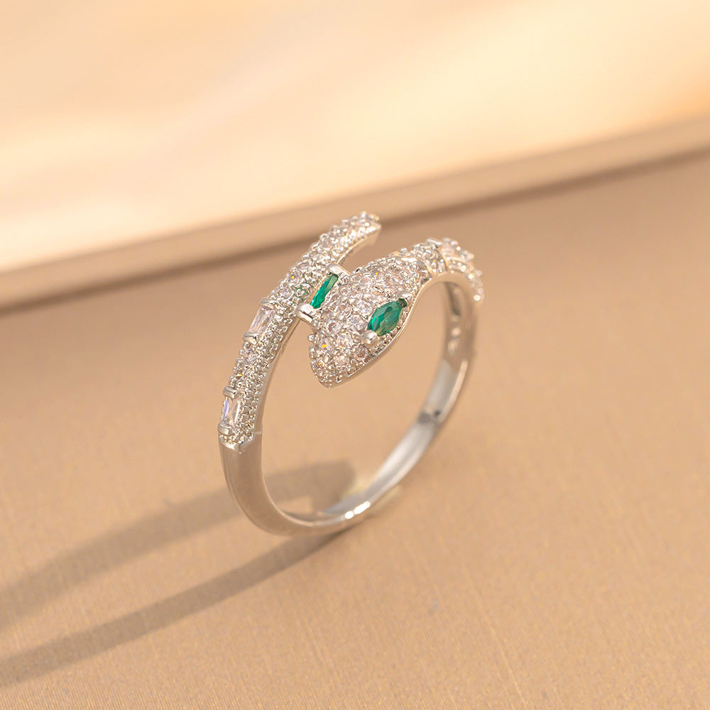Zircon Diamond Snake-Shaped Ring Silver Open Ring High-Grade Texture Simple And Versatile Trendy Cool Hand Jewelry