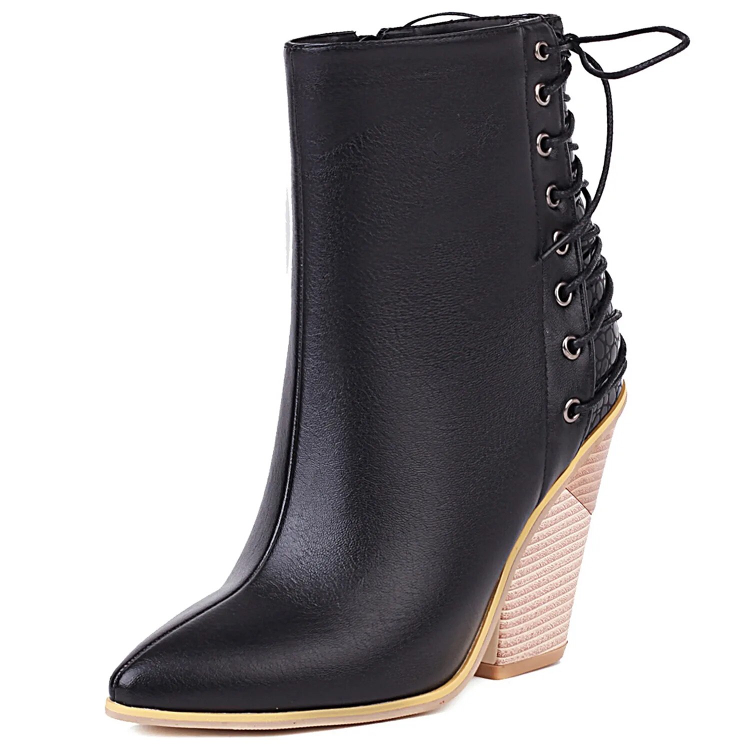 TAAFO Ankle Boots Block Heel Pointed Toe Heels Boots High Shoes