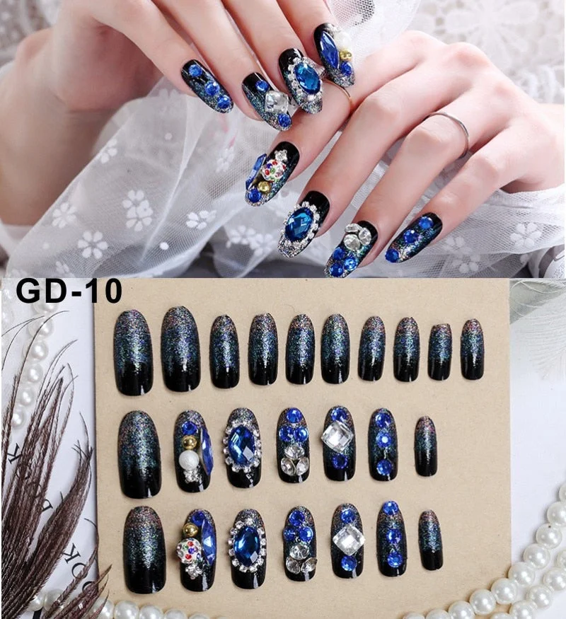 24Pc Rhinestone False Nails Bride Wedding Party Fake Nail Luxury Nail Art Faux Ongles Lady Full Nail Tip Patch with Glue Sticker-Nail Inspo