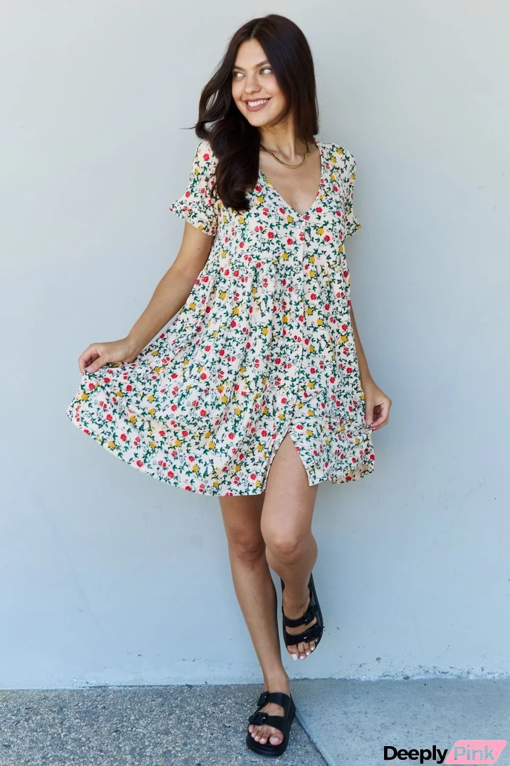 Ninexis Follow Me Full Size V-Neck Ruffle Sleeve Floral Dress