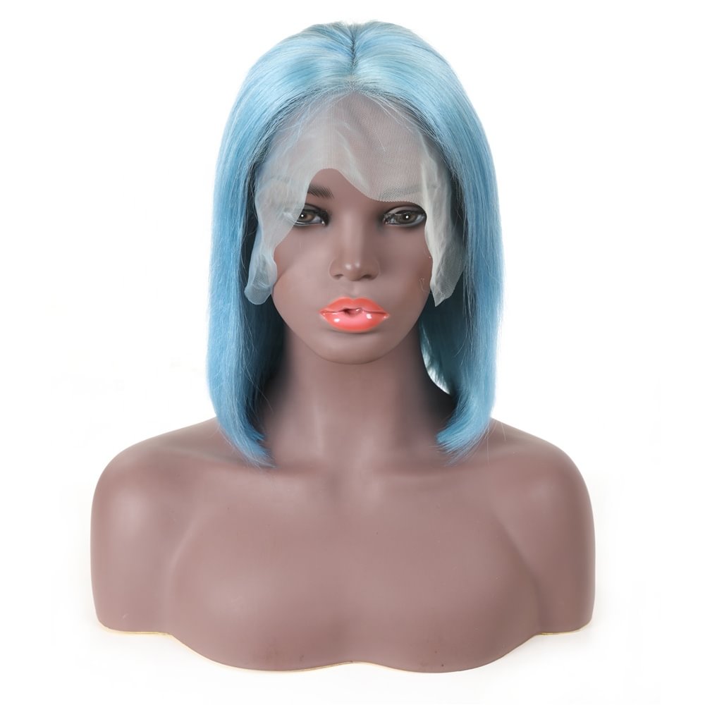 Light Blue Ombre Straitht BoBo Style Wig 13"X4" Lace Front Short Brazilian Human Hair Remy Ombre Blue Colored Wigs under 100