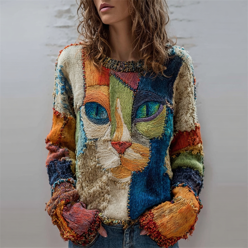 Vintage Cat Face Colorblock Patchwork Cozy Knit Sweater