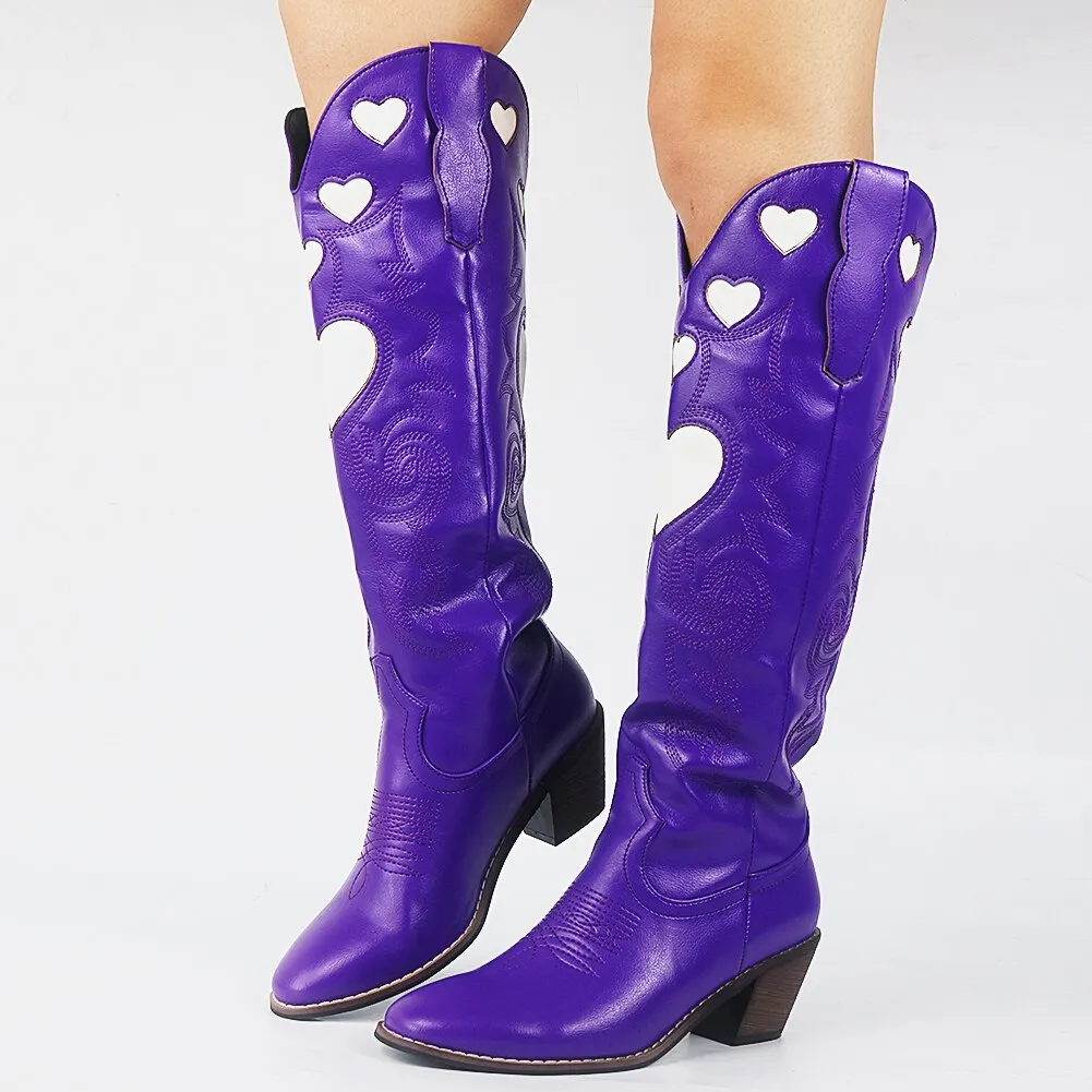 Female Vintage Cowboy Flag Chunky Heel Slip On Western Women Boots Cowgirls Retro Brand Autumn Ridding Boots For Women