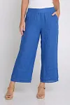 Front view of women's azure blue linen wide-leg trousers with flat-front waistband and side pockets