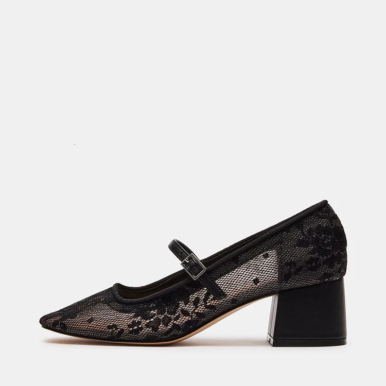 Elegant Lace Round Toe Chunky Heel Mary Jane Pumps in Black |FSJ Shoes