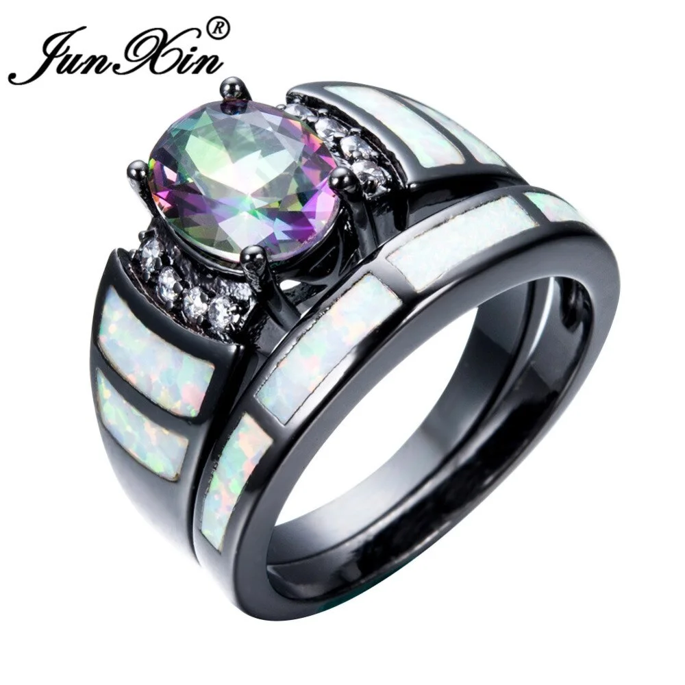 JUNXIN Unique Rainbow Fire Opal Finger Ring Sets For Female Male Black Gold Filled Wedding Party Engagement Couple Ring Anillos