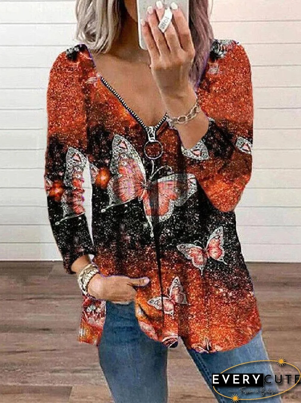 Printed V neck Long Sleeve Casual T-shirt