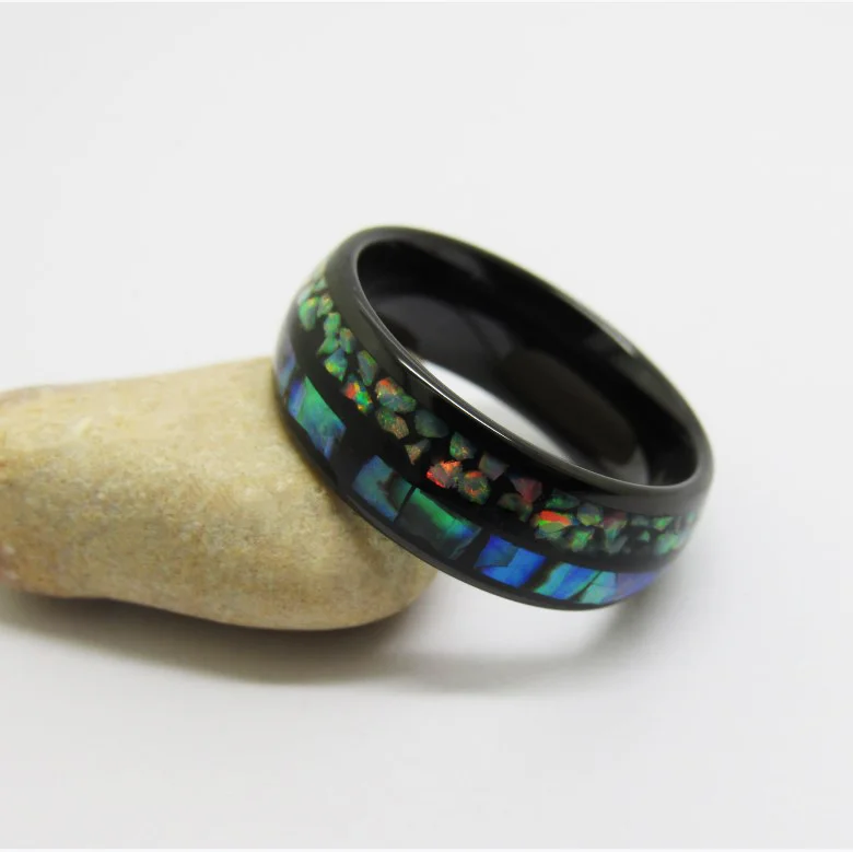 6MM 8MM Full Arc Electric Black Tungsten Carbide Wedding Bands Inlaid Opal And Abalone Shell Couple