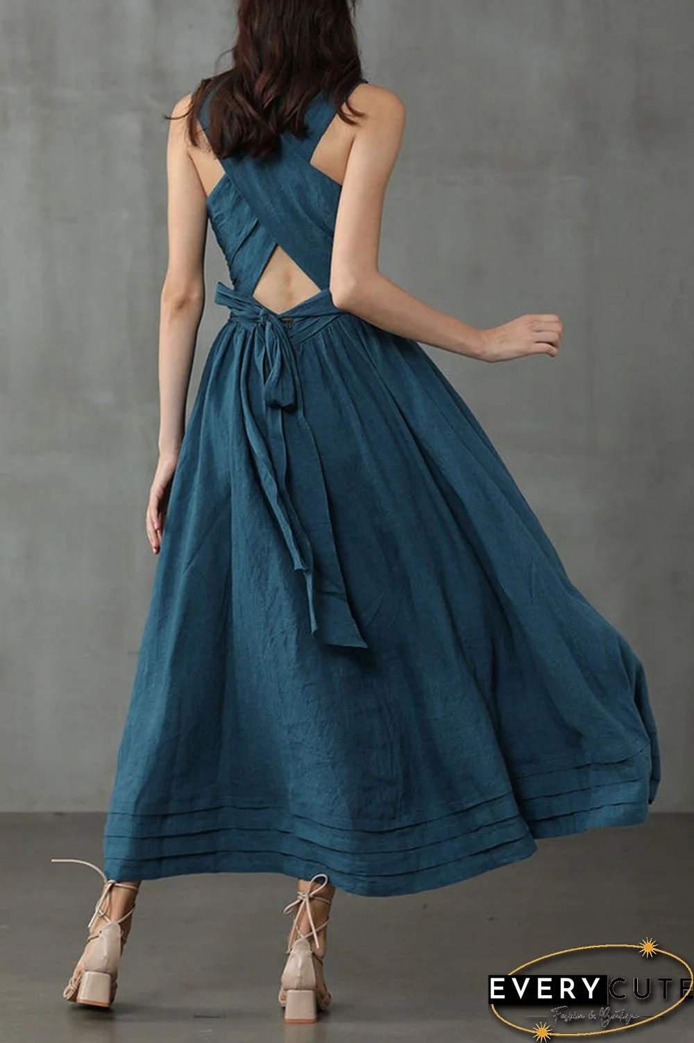Cross Back O Neck Maxi Linen Dress
