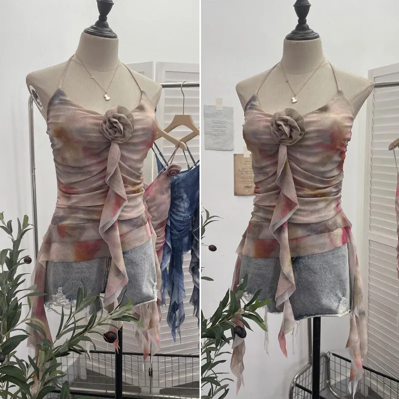 Uveng Asymmetrical Lotus Leaf Side Flower V-Neck Sling Vest Dyed Mesh Cross-Sleeveless Top 6109