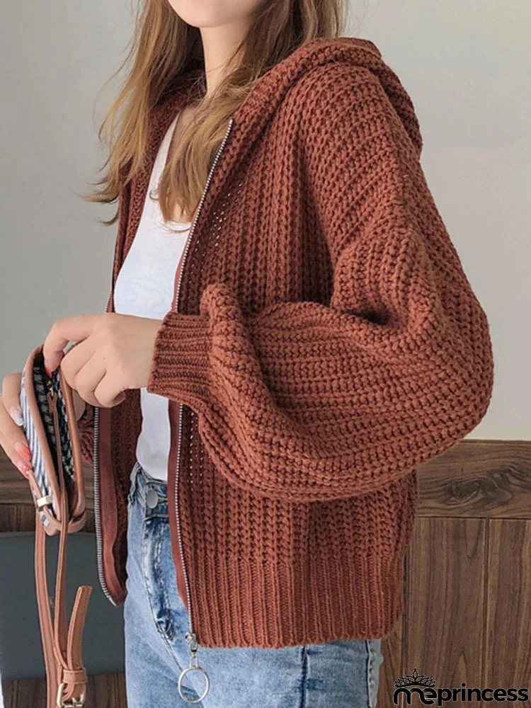 Women's Acrylic Long Sleeves Solid Pattern Hooded Casual Jacket