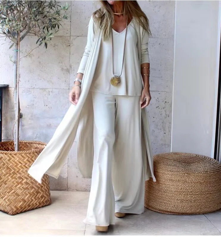 Loose Three-Piece Set V-neck Strap Straight-Leg Trousers Long Plus Size  Cardigan VangoghDress