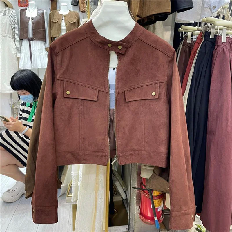 Woherb Retro Standing Collar Leather Velvet Early Autumn Coat Female Short Style Fashion Loose Casual Motorcycle Suit Small Jacket Jacket-Outfit Ideas