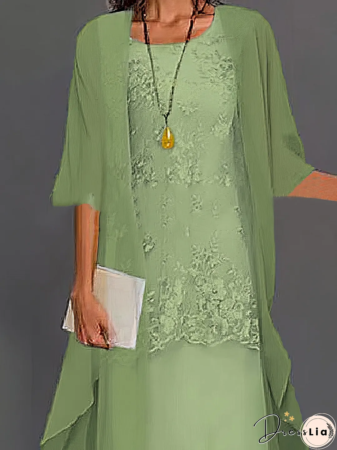 Lace Floral Embroidered Layered Patchwork Crew Neck Elegant Midi Dress